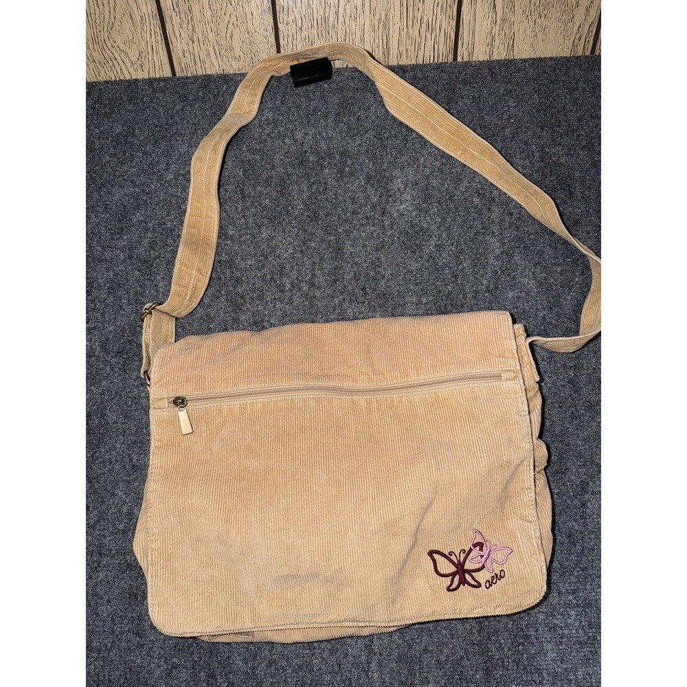 Y2K Aeropostale Corduroy Messenger Bag Butterfly Embroidered Pink Lining